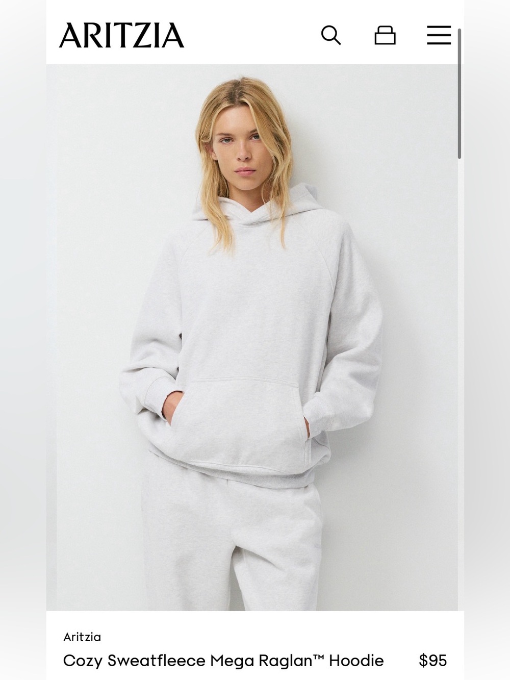 Aritzia Sweatfleece Mega Fit Hoodie in Heather Cloud nwt